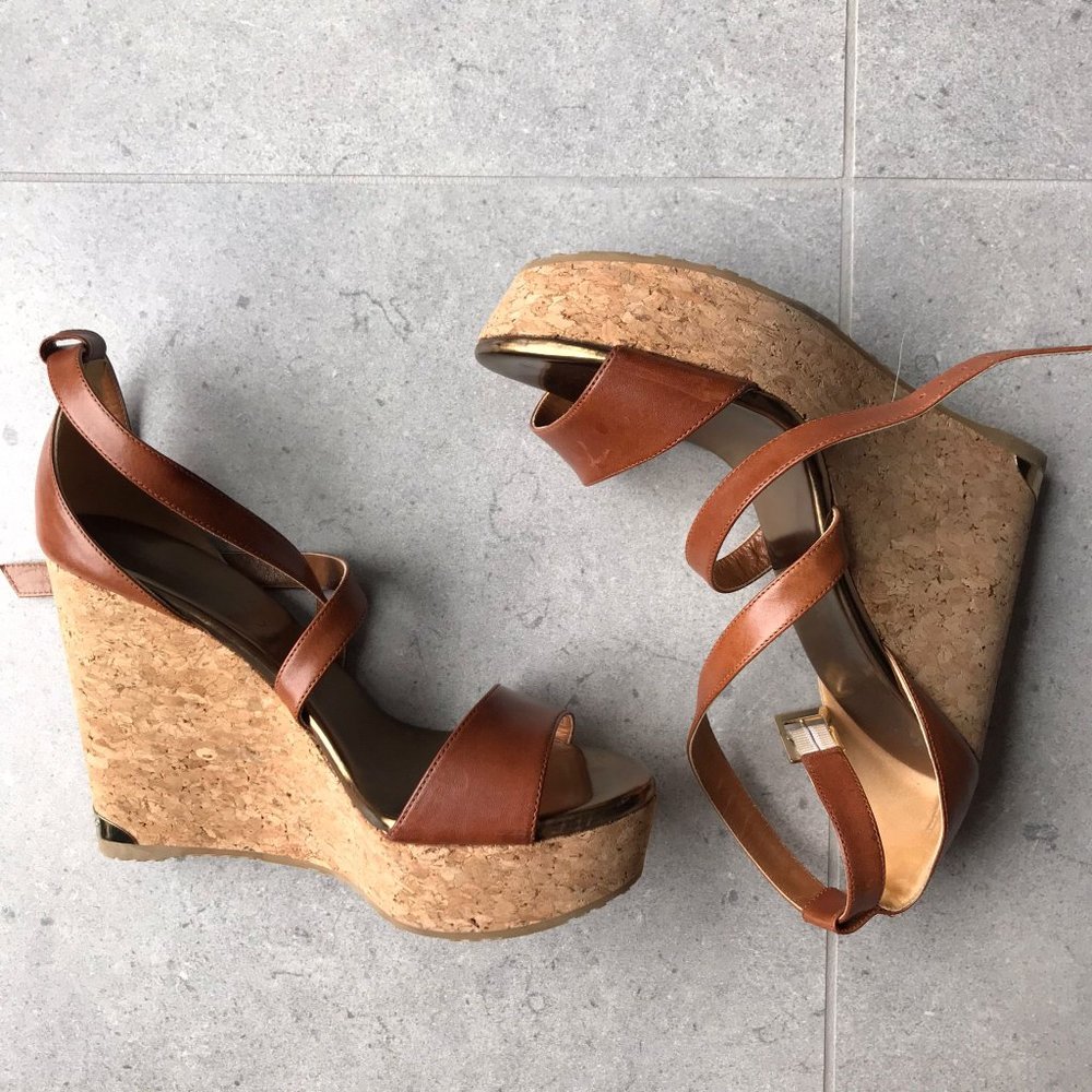 EUC Jimmy Choo Portia Crisscross Cork Wedge Canyon tan leather - Picture 5 of 12